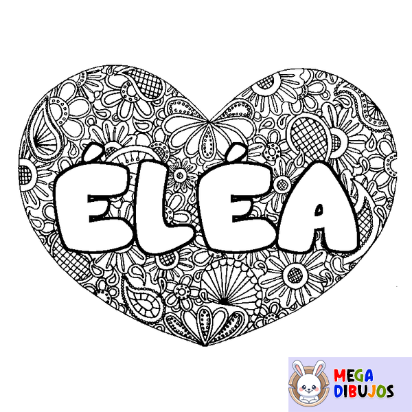 Coloraci&oacute;n del nombre &Eacute;L&Eacute;A - decorado mandala de coraz&oacute;n