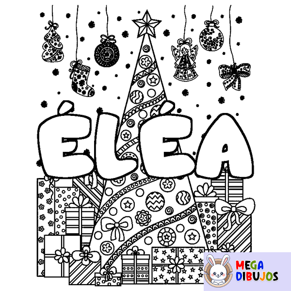 Coloraci&oacute;n del nombre &Eacute;L&Eacute;A - decorado &aacute;rbol de Navidad y regalos