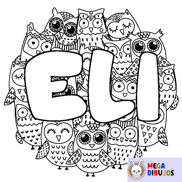 Coloraci&oacute;n del nombre ELI - decorado b&uacute;hos