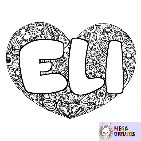 Coloraci&oacute;n del nombre ELI - decorado mandala de coraz&oacute;n