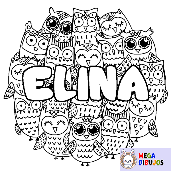 Coloraci&oacute;n del nombre ELINA - decorado b&uacute;hos