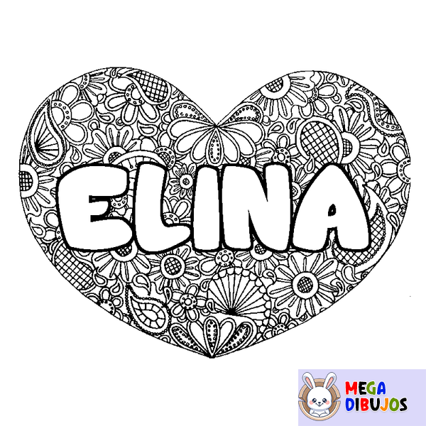 Coloraci&oacute;n del nombre ELINA - decorado mandala de coraz&oacute;n