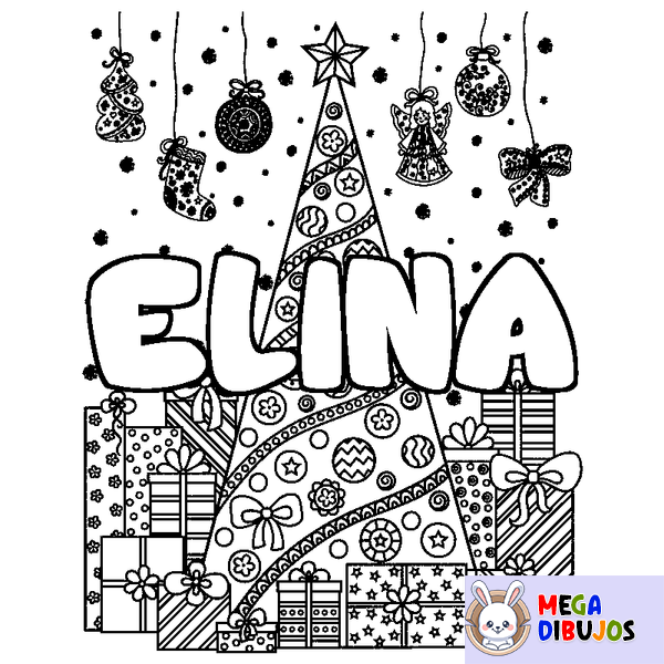 Coloraci&oacute;n del nombre ELINA - decorado &aacute;rbol de Navidad y regalos