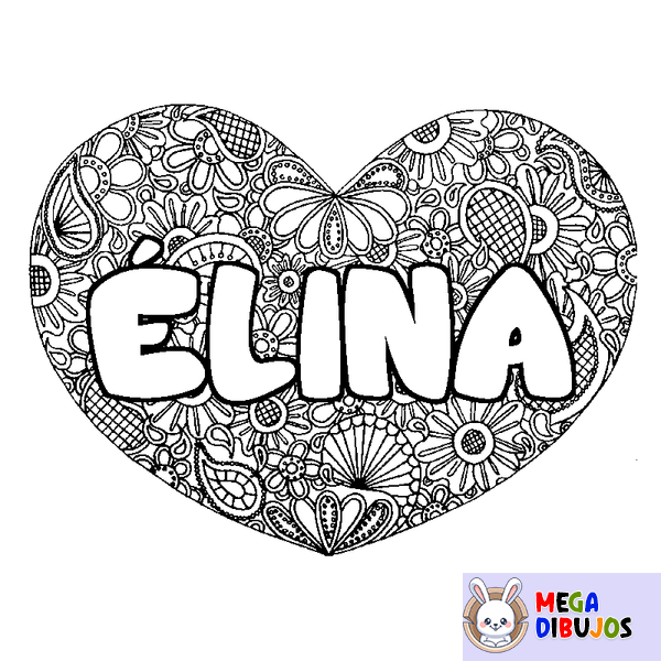 Coloraci&oacute;n del nombre &Eacute;LINA - decorado mandala de coraz&oacute;n