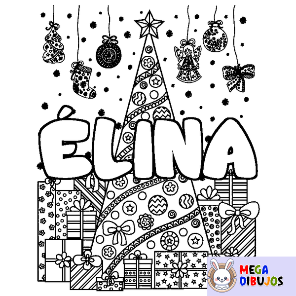 Coloraci&oacute;n del nombre &Eacute;LINA - decorado &aacute;rbol de Navidad y regalos