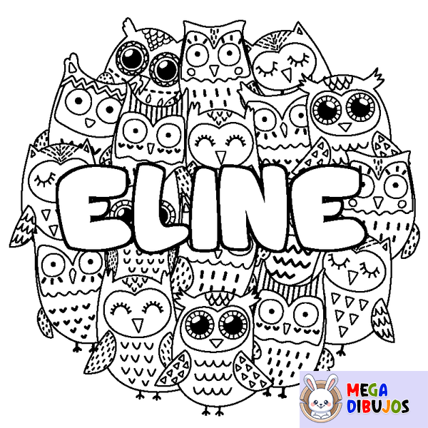 Coloraci&oacute;n del nombre ELINE - decorado b&uacute;hos