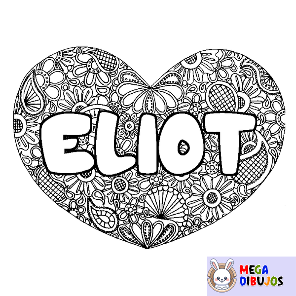 Coloraci&oacute;n del nombre ELIOT - decorado mandala de coraz&oacute;n