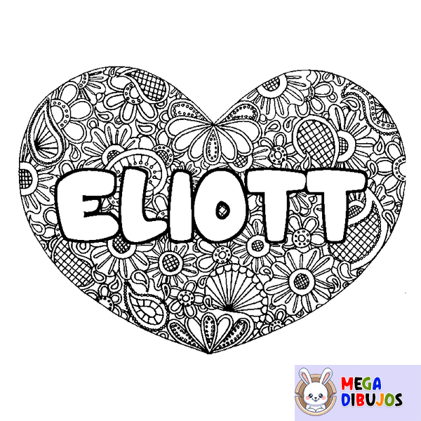 Coloraci&oacute;n del nombre ELIOTT - decorado mandala de coraz&oacute;n