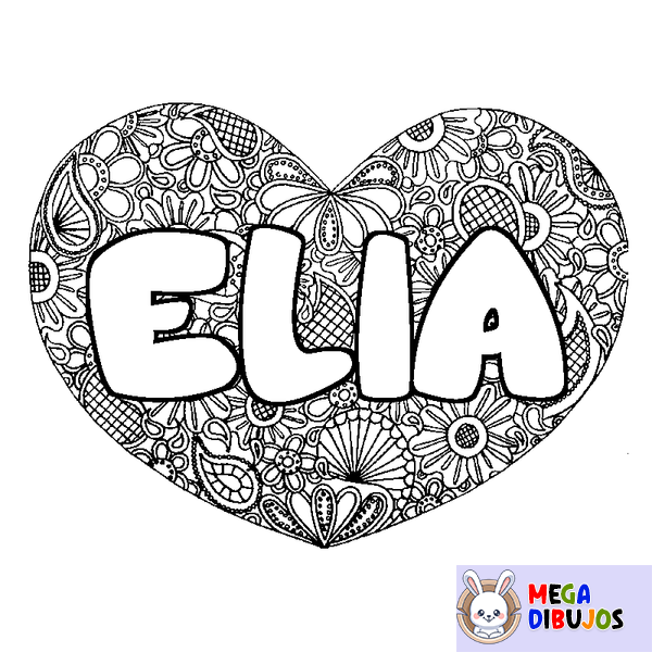 Coloraci&oacute;n del nombre ELIA - decorado mandala de coraz&oacute;n