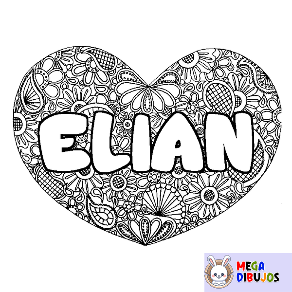 Coloraci&oacute;n del nombre ELIAN - decorado mandala de coraz&oacute;n