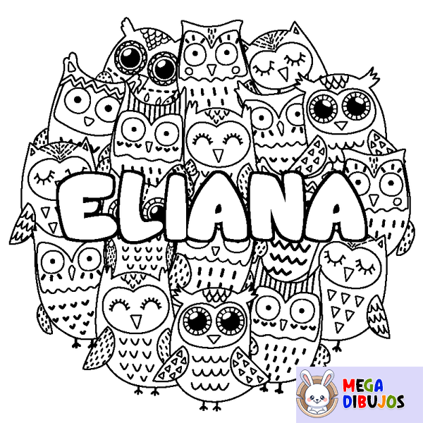 Coloraci&oacute;n del nombre ELIANA - decorado b&uacute;hos