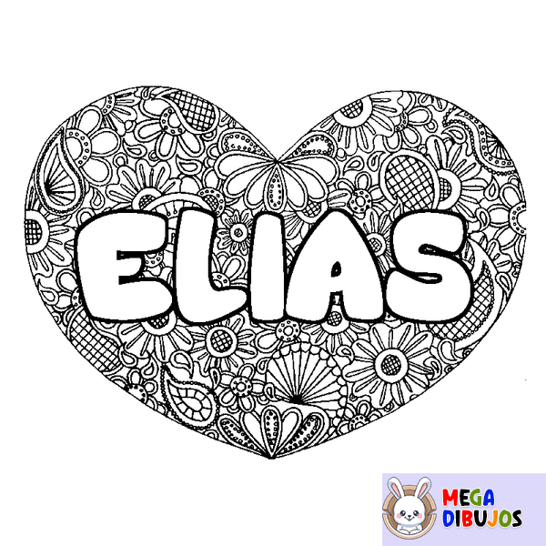 Coloraci&oacute;n del nombre ELIAS - decorado mandala de coraz&oacute;n