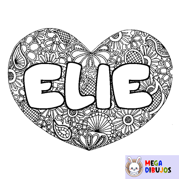 Coloraci&oacute;n del nombre ELIE - decorado mandala de coraz&oacute;n
