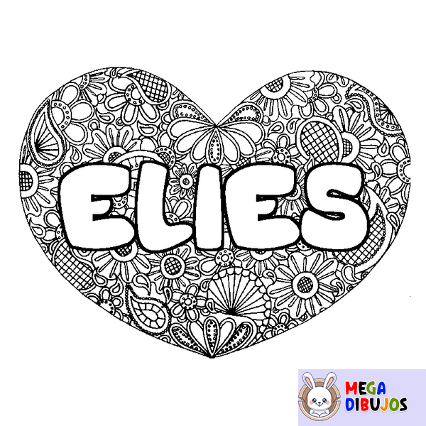 Coloraci&oacute;n del nombre ELIES - decorado mandala de coraz&oacute;n