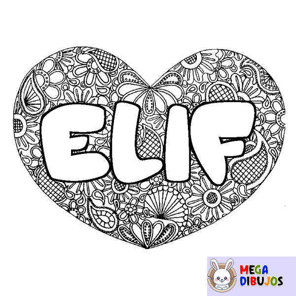 Coloraci&oacute;n del nombre ELIF - decorado mandala de coraz&oacute;n