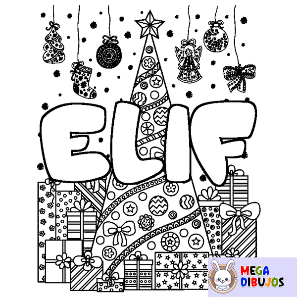 Coloraci&oacute;n del nombre ELIF - decorado &aacute;rbol de Navidad y regalos