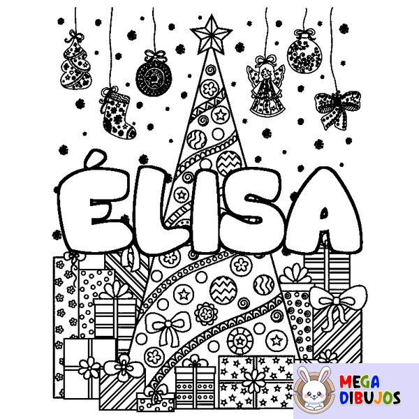 Coloraci&oacute;n del nombre &Eacute;LISA - decorado &aacute;rbol de Navidad y regalos