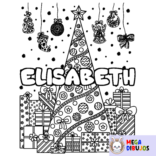 Coloraci&oacute;n del nombre ELISABETH - decorado &aacute;rbol de Navidad y regalos