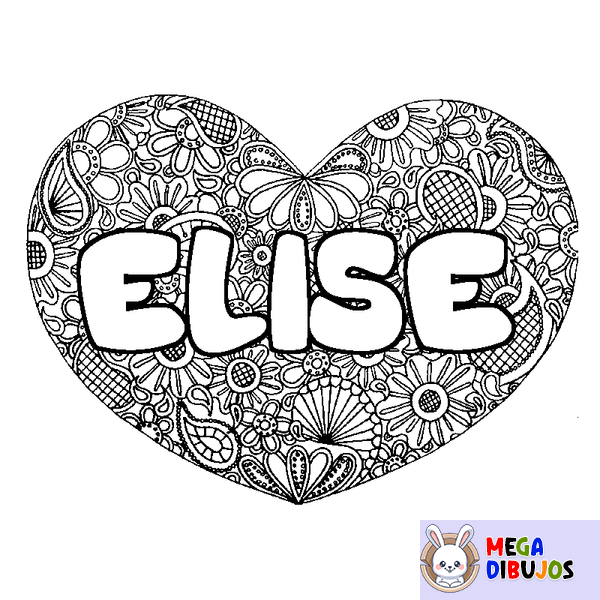 Coloraci&oacute;n del nombre ELISE - decorado mandala de coraz&oacute;n