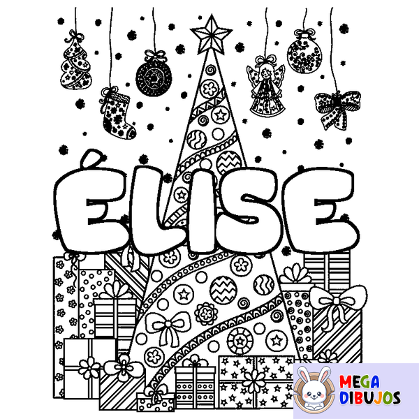 Coloraci&oacute;n del nombre &Eacute;LISE - decorado &aacute;rbol de Navidad y regalos