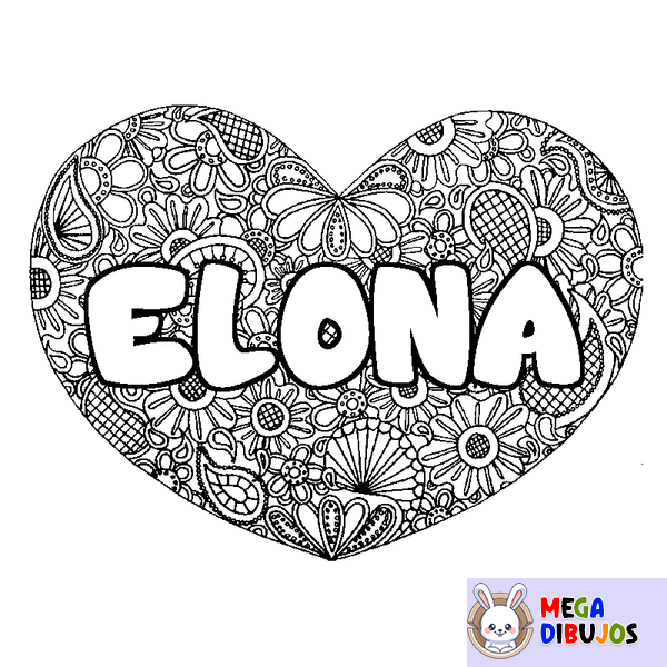Coloraci&oacute;n del nombre ELONA - decorado mandala de coraz&oacute;n