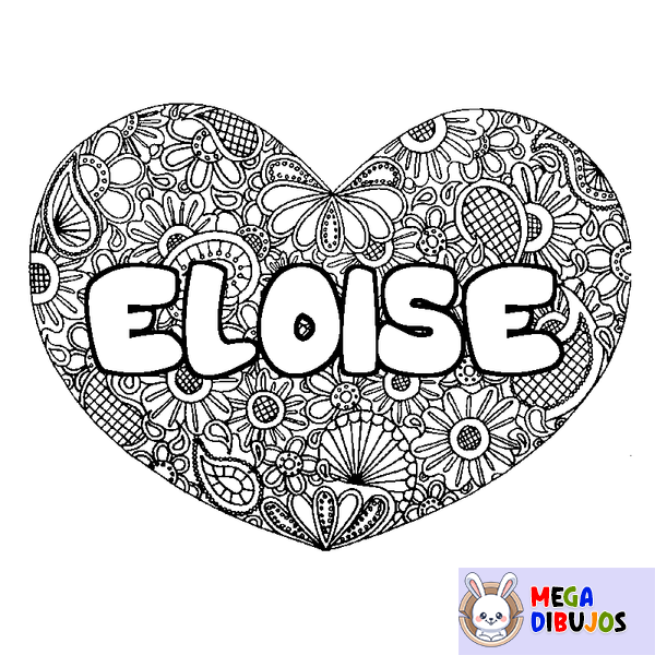 Coloraci&oacute;n del nombre ELOISE - decorado mandala de coraz&oacute;n