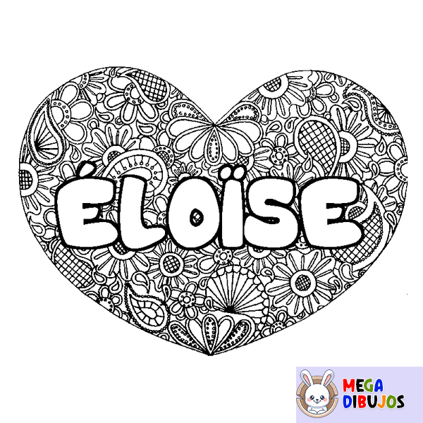 Coloraci&oacute;n del nombre &Eacute;LO&Iuml;SE - decorado mandala de coraz&oacute;n