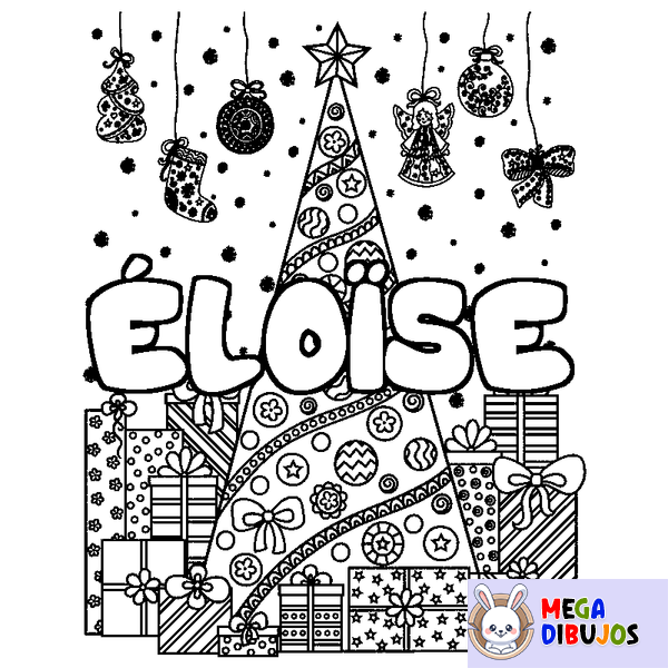 Coloraci&oacute;n del nombre &Eacute;LO&Iuml;SE - decorado &aacute;rbol de Navidad y regalos
