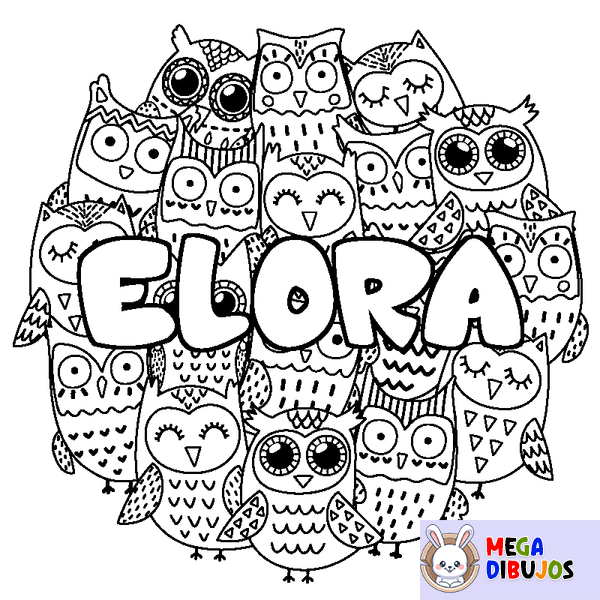 Coloraci&oacute;n del nombre ELORA - decorado b&uacute;hos