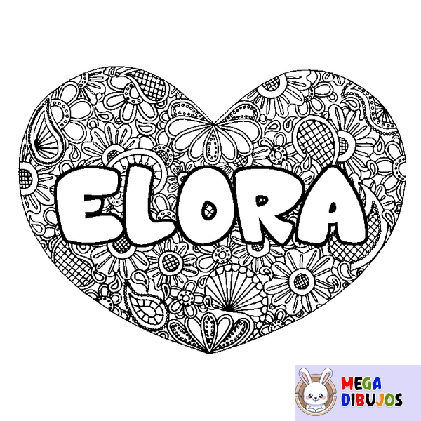 Coloraci&oacute;n del nombre ELORA - decorado mandala de coraz&oacute;n