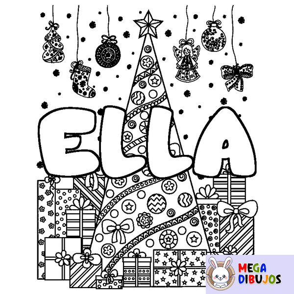 Coloraci&oacute;n del nombre ELLA - decorado &aacute;rbol de Navidad y regalos