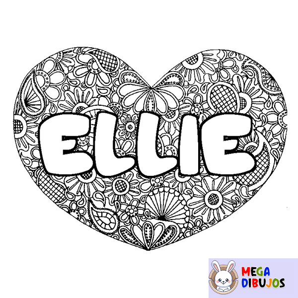 Coloraci&oacute;n del nombre ELLIE - decorado mandala de coraz&oacute;n