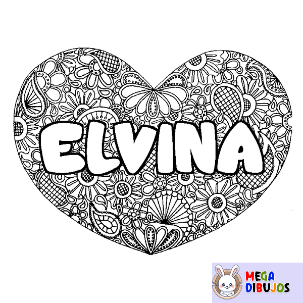 Coloraci&oacute;n del nombre ELVINA - decorado mandala de coraz&oacute;n