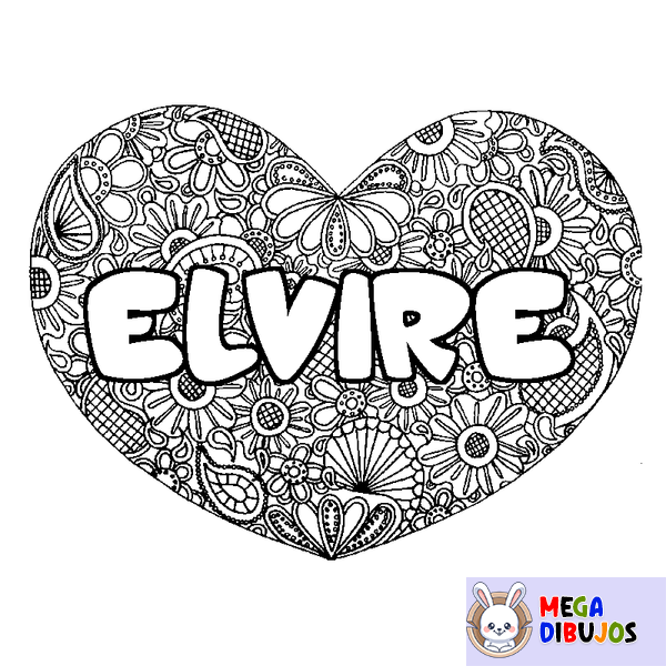 Coloraci&oacute;n del nombre ELVIRE - decorado mandala de coraz&oacute;n
