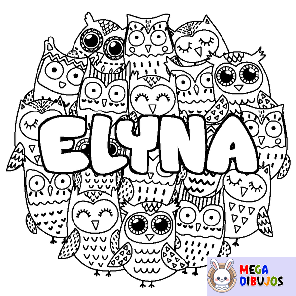 Coloraci&oacute;n del nombre ELYNA - decorado b&uacute;hos