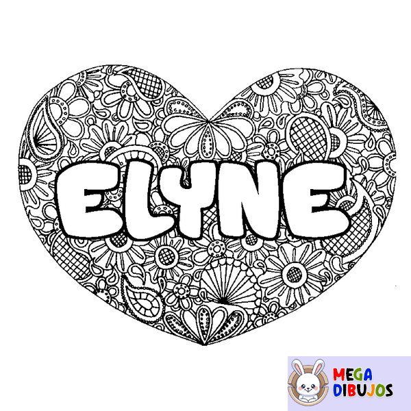 Coloraci&oacute;n del nombre ELYNE - decorado mandala de coraz&oacute;n