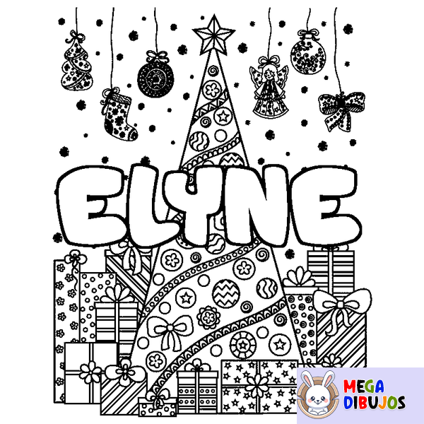 Coloraci&oacute;n del nombre ELYNE - decorado &aacute;rbol de Navidad y regalos