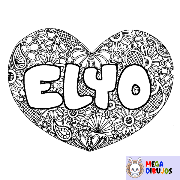 Coloraci&oacute;n del nombre ELYO - decorado mandala de coraz&oacute;n