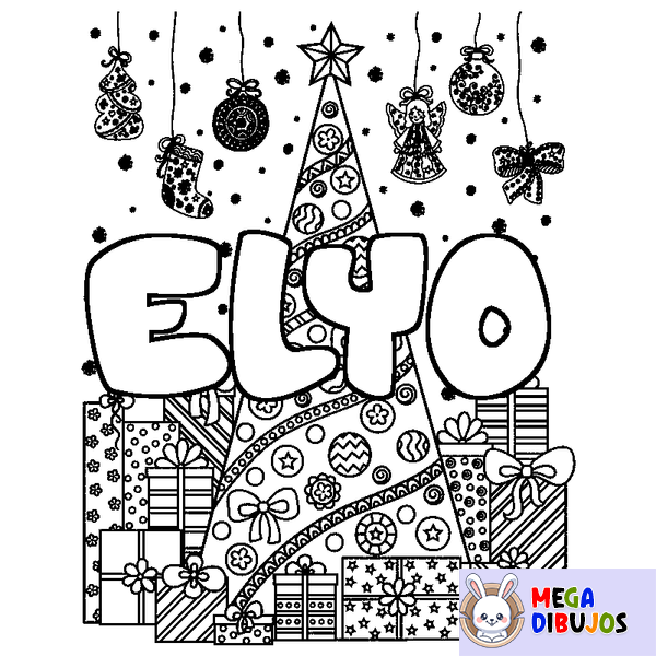 Coloraci&oacute;n del nombre ELYO - decorado &aacute;rbol de Navidad y regalos