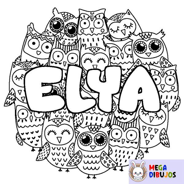 Coloraci&oacute;n del nombre ELYA - decorado b&uacute;hos