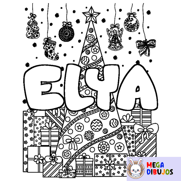 Coloraci&oacute;n del nombre ELYA - decorado &aacute;rbol de Navidad y regalos