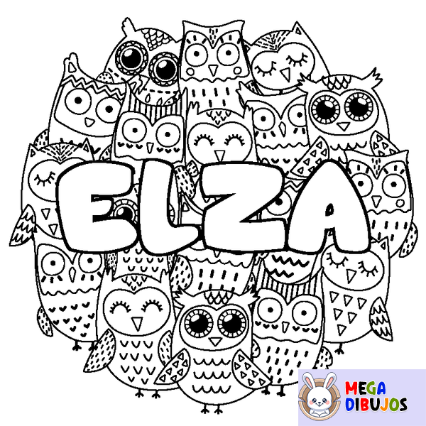 Coloraci&oacute;n del nombre ELZA - decorado b&uacute;hos