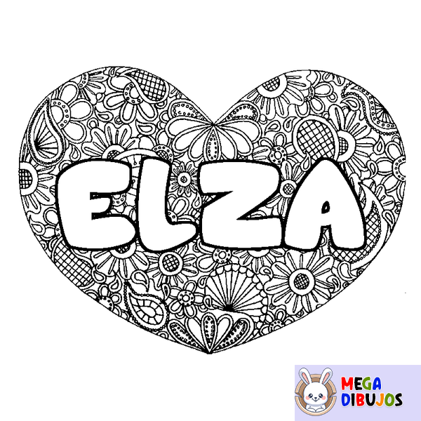 Coloraci&oacute;n del nombre ELZA - decorado mandala de coraz&oacute;n