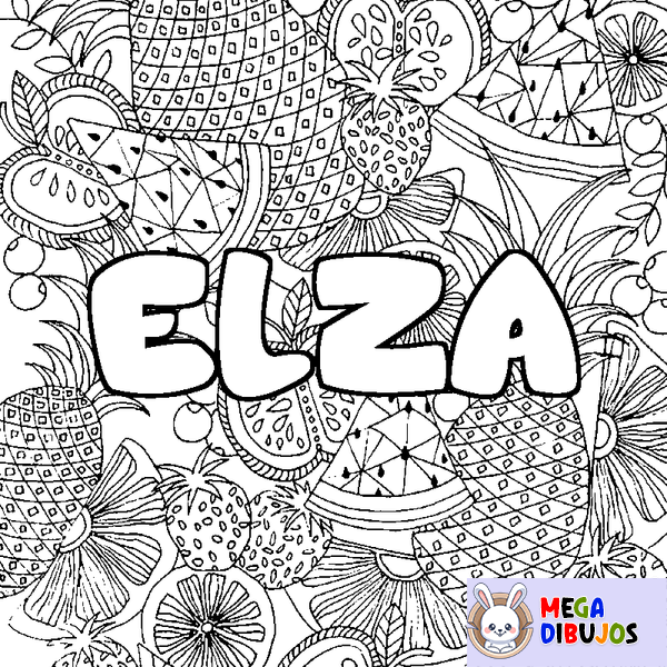 Coloraci&oacute;n del nombre ELZA - decorado mandala de frutas