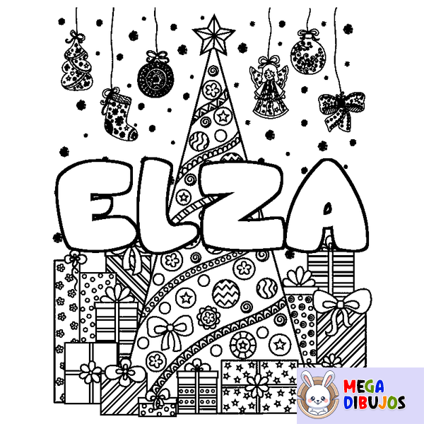 Coloraci&oacute;n del nombre ELZA - decorado &aacute;rbol de Navidad y regalos