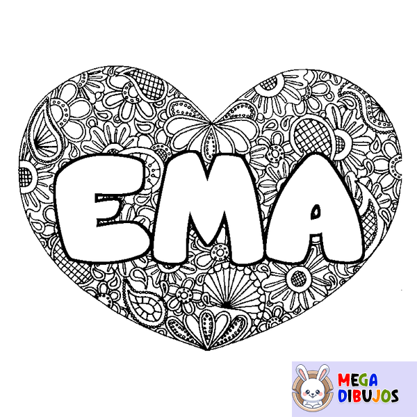Coloraci&oacute;n del nombre EMA - decorado mandala de coraz&oacute;n