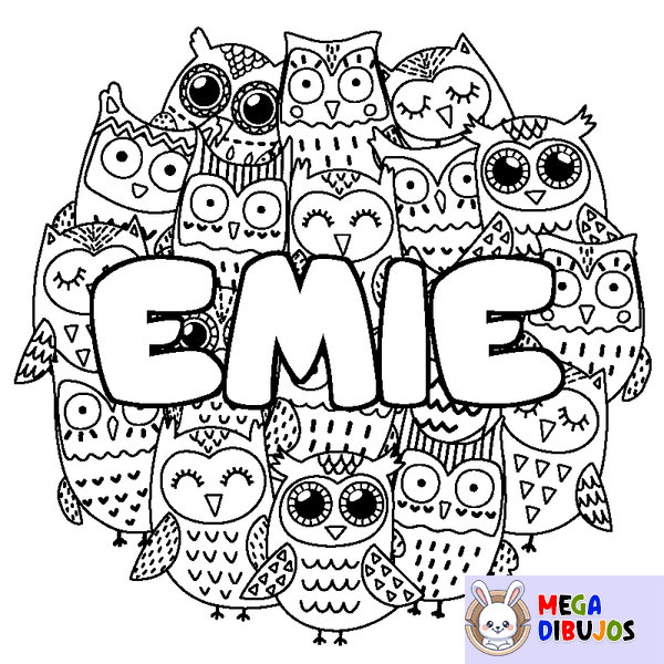 Coloraci&oacute;n del nombre EMIE - decorado b&uacute;hos