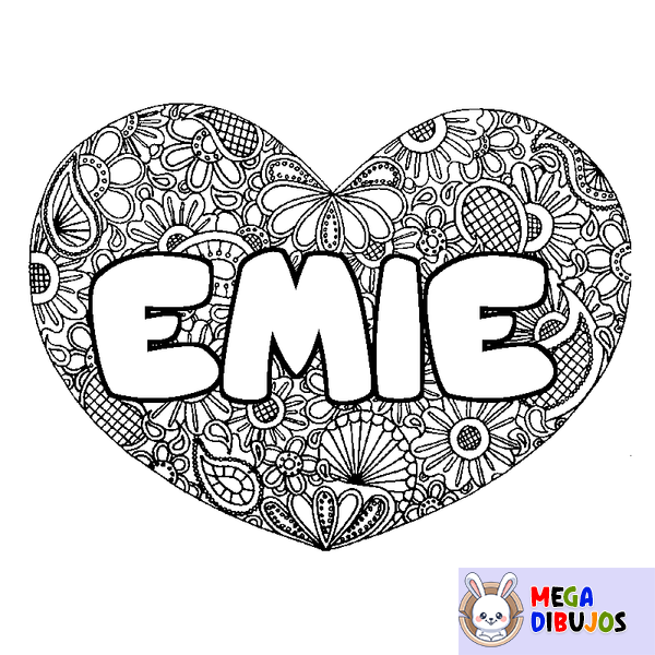 Coloraci&oacute;n del nombre EMIE - decorado mandala de coraz&oacute;n