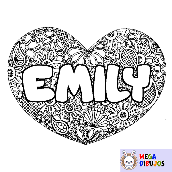 Coloraci&oacute;n del nombre EMILY - decorado mandala de coraz&oacute;n