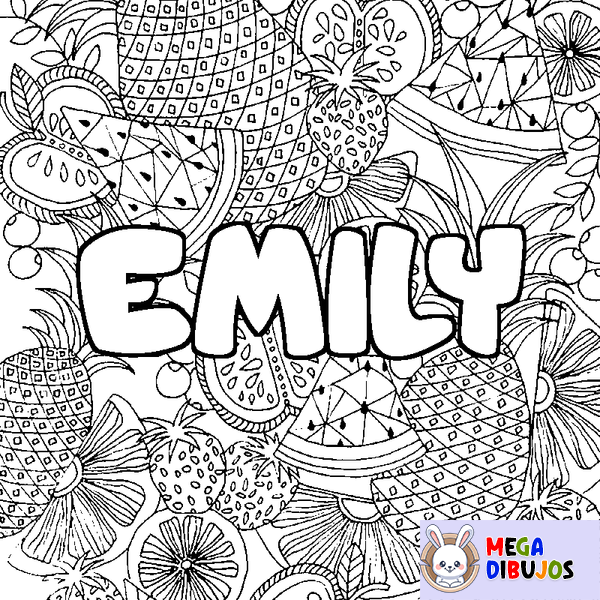 Coloraci&oacute;n del nombre EMILY - decorado mandala de frutas